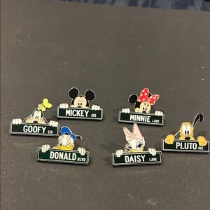 Disney Character Street Sign Pin Collection - Black, Red, Yellow, Blue